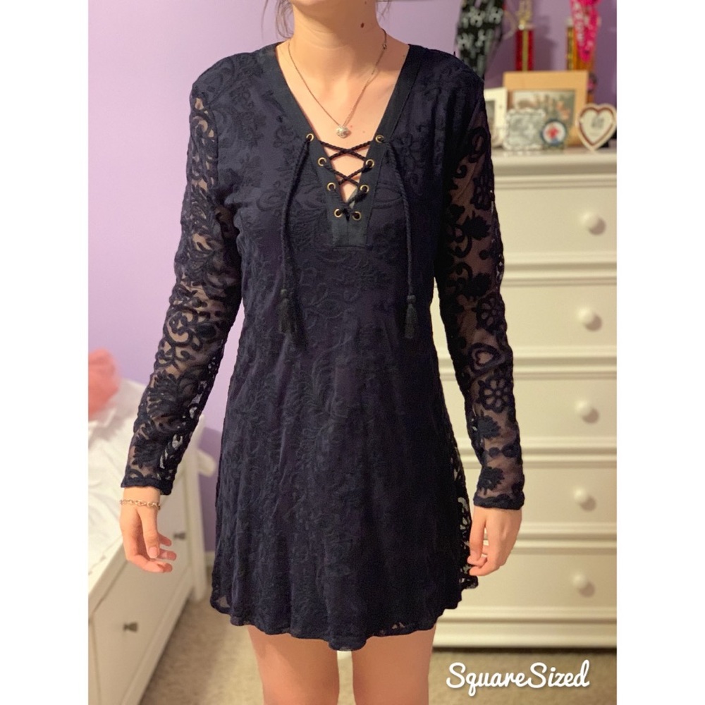 Blue Tie-Front Long Sleeve Dress